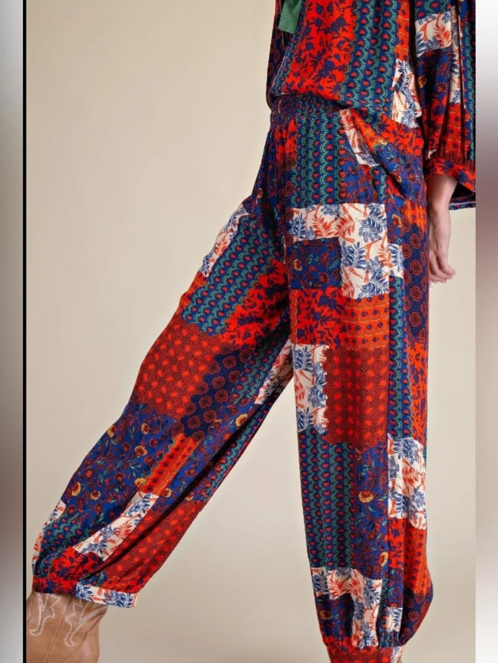 461 PATCHWORK PRINTED RAYON GAUZE PANTS TOP MATCHING SET